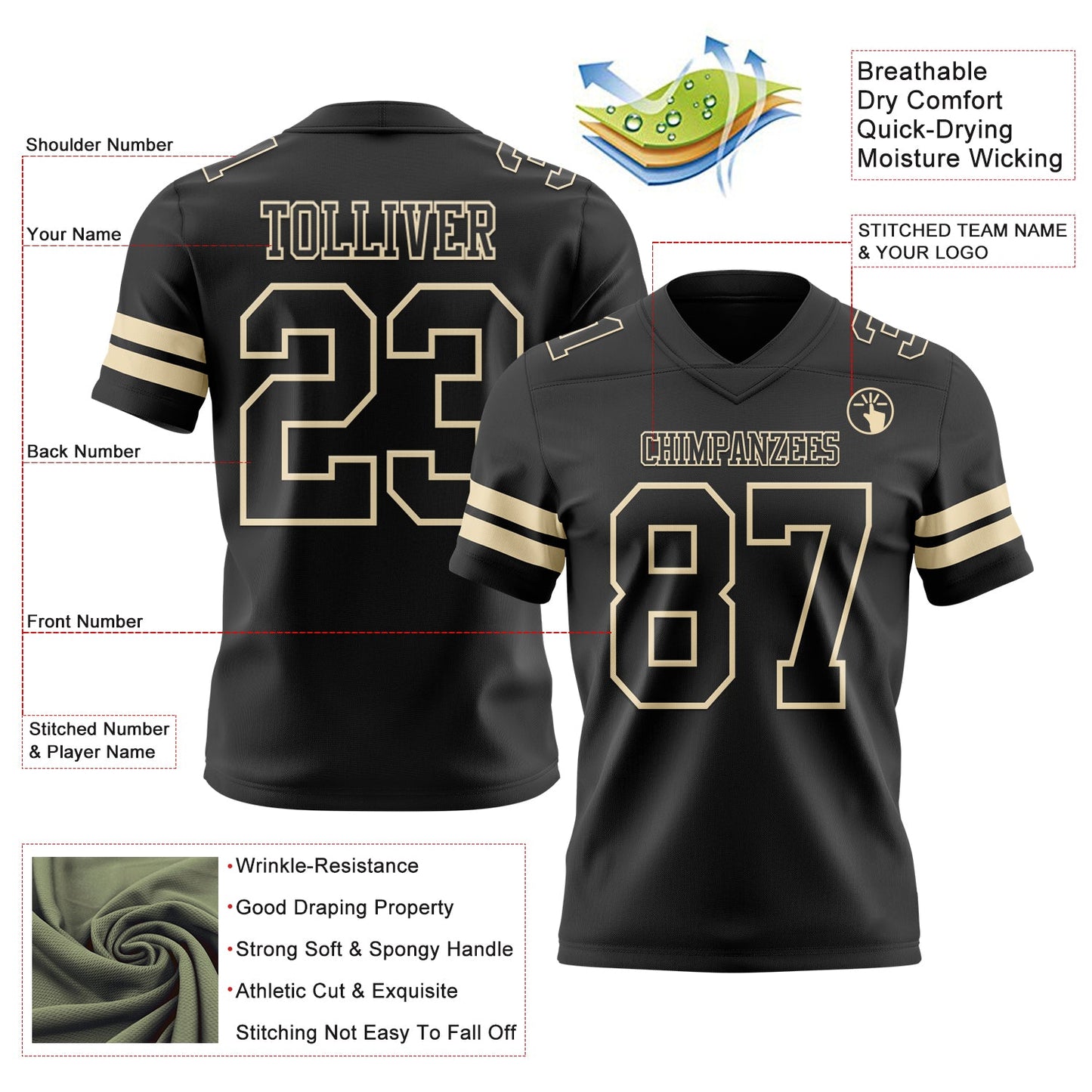 Custom Black Cream Mesh Authentic Football Jersey - Sky-Custom