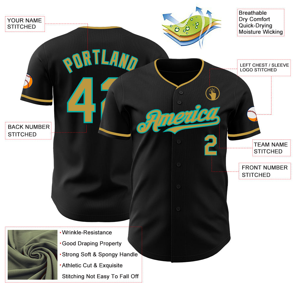Custom Black Old Gold-Aqua Authentic Baseball Jersey - Sky-Custom