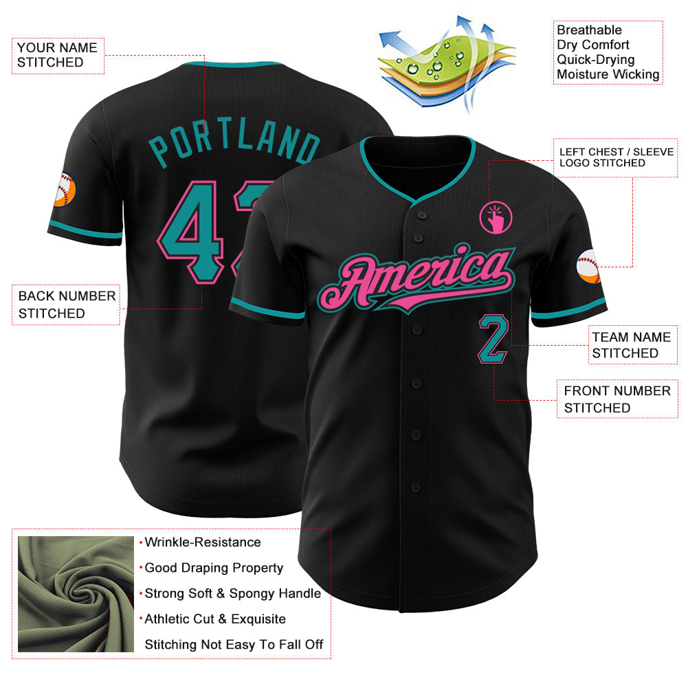 Custom Black Teal-Pink Authentic Baseball Jersey - Sky-Custom
