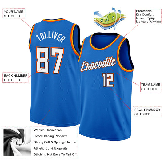 Custom Blue White-Orange Round Neck Rib-Knit Basketball Jersey - Sky-Custom
