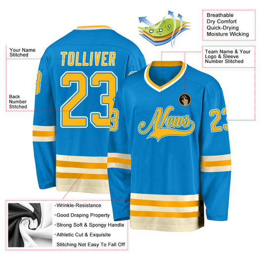 Custom Blue Gold-Cream Hockey Jersey - Sky-Custom