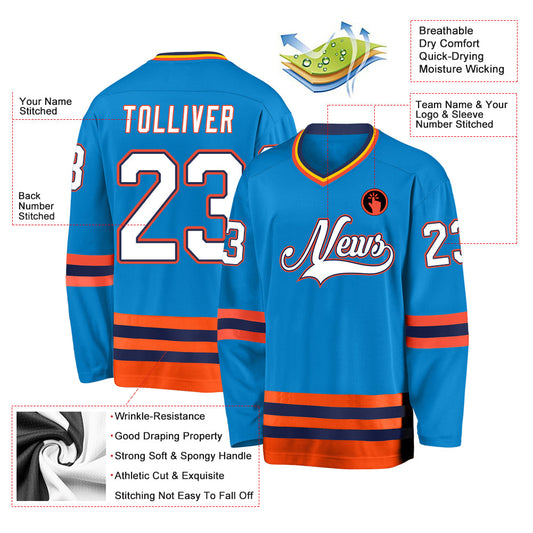 Custom Blue White-Orange Hockey Jersey - Sky-Custom