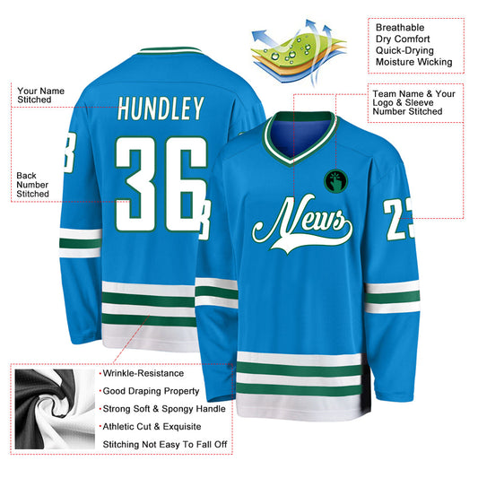 Custom Blue White-Kelly Green Hockey Jersey - Sky-Custom