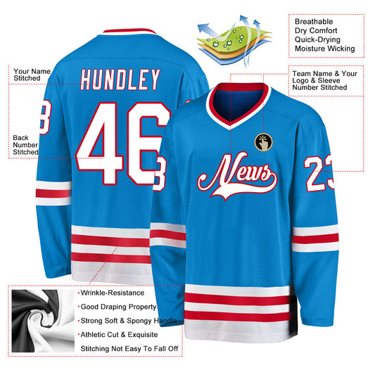 Custom Blue White-Red Hockey Jersey - Sky-Custom