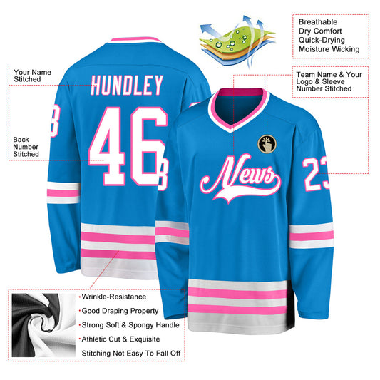 Custom Blue White-Pink Hockey Jersey - Sky-Custom
