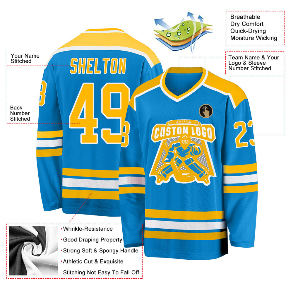 Custom Blue Gold-White Hockey Jersey - Sky-Custom