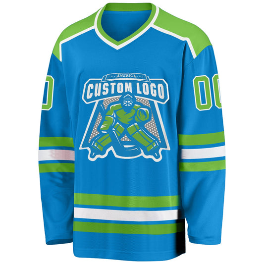 Custom Blue Neon Green-White Hockey Jersey - Sky-Custom