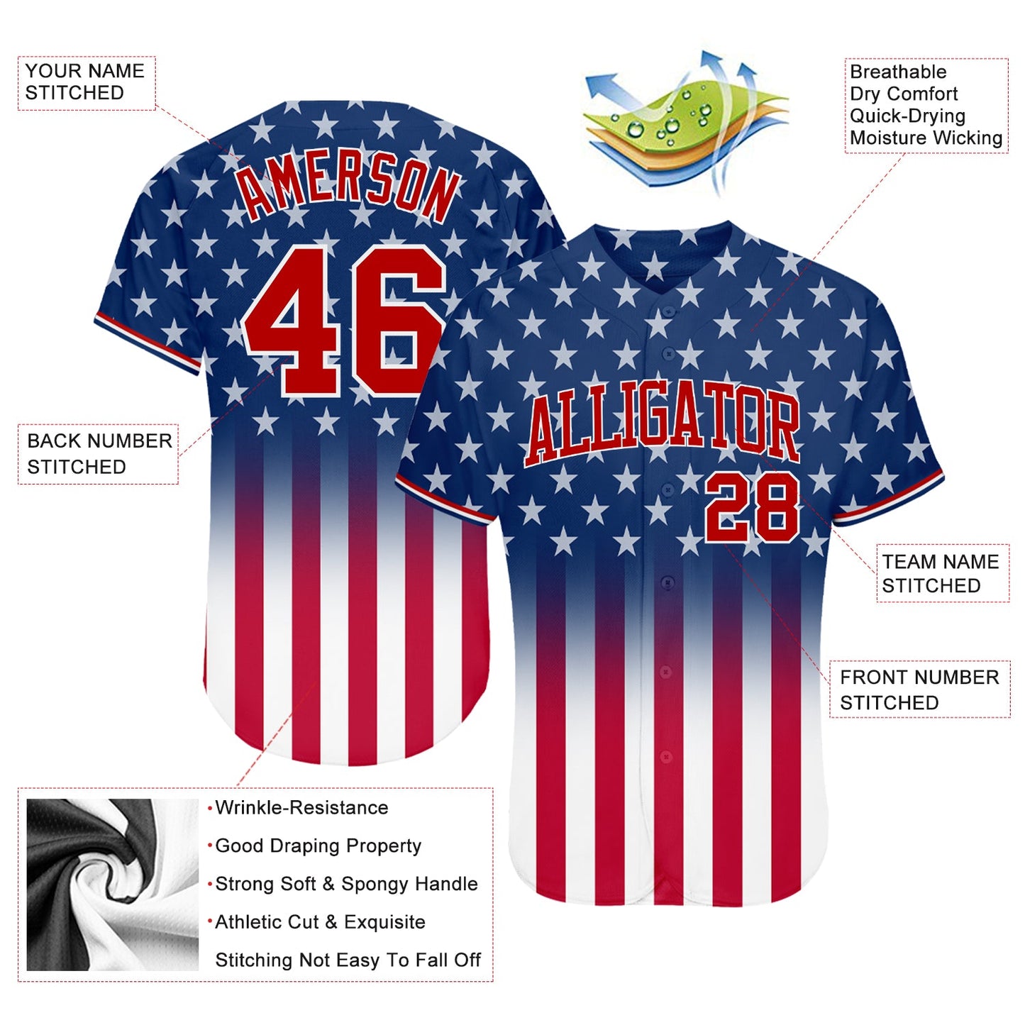 Custom Blue Red-White 3D American Flag Fashion Authentic Baseball Jersey - Sky-Custom