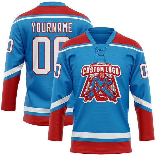 Custom Blue White-Red Hockey Lace Neck Jersey - Sky-Custom