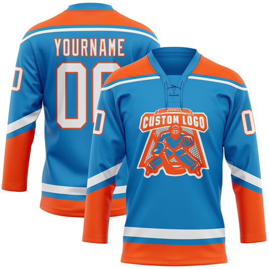 Custom Blue White-Orange Hockey Lace Neck Jersey - Sky-Custom