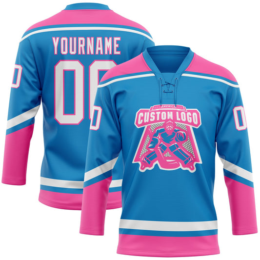 Custom Blue White-Pink Hockey Lace Neck Jersey - Sky-Custom