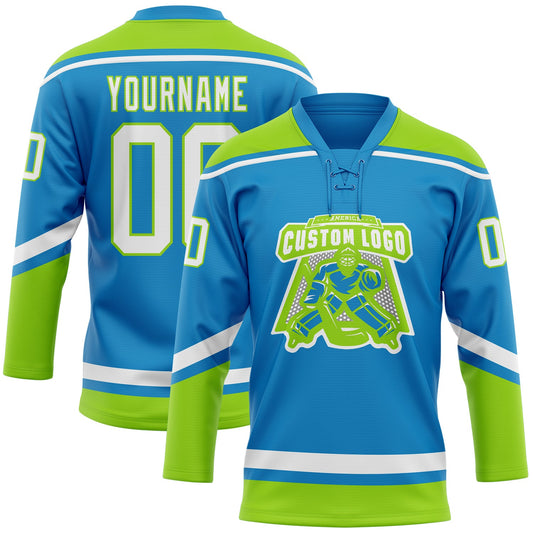 Custom Blue White-Neon Green Hockey Lace Neck Jersey - Sky-Custom