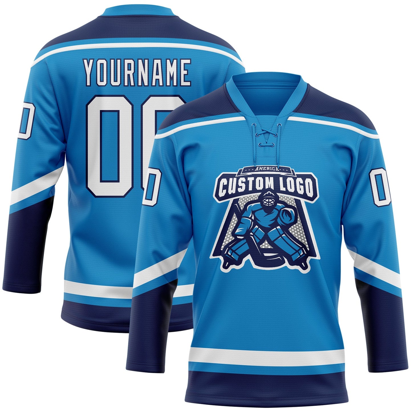 Custom Blue White-Navy Hockey Lace Neck Jersey - Sky-Custom