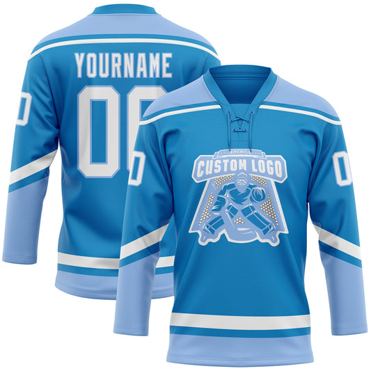 Custom Blue White-Light Blue Hockey Lace Neck Jersey - Sky-Custom