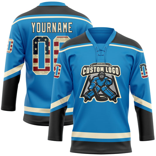 Custom Blue Vintage USA Flag Cream-Black Hockey Lace Neck Jersey - Sky-Custom
