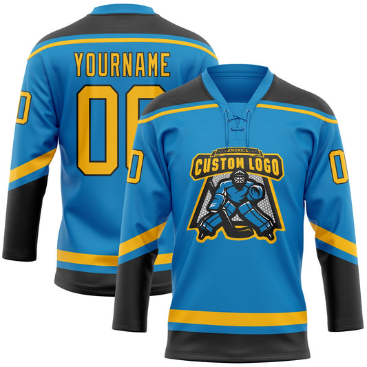 Custom Blue Gold-Black Hockey Lace Neck Jersey - Sky-Custom