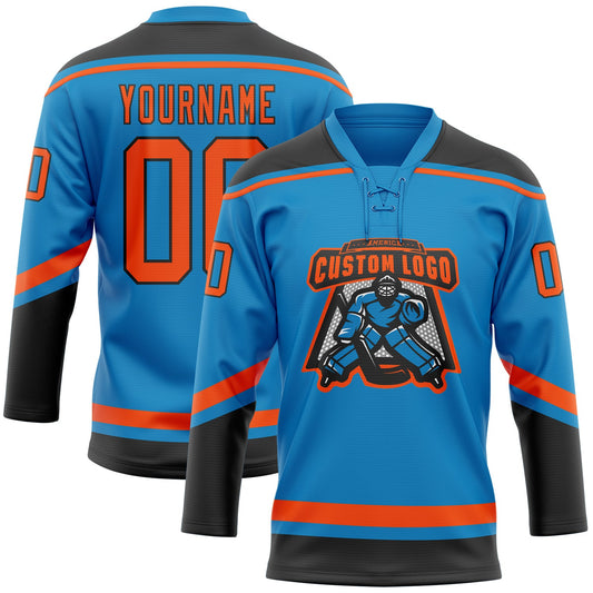 Custom Blue Orange-Black Hockey Lace Neck Jersey - Sky-Custom