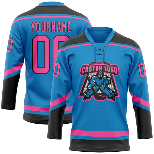 Custom Blue Pink-Black Hockey Lace Neck Jersey - Sky-Custom