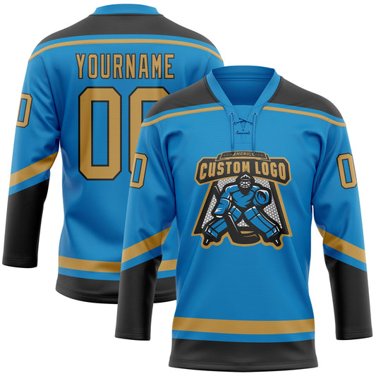 Custom Blue Old Gold-Black Hockey Lace Neck Jersey - Sky-Custom