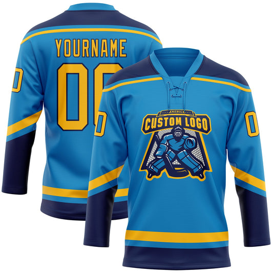 Custom Blue Gold-Navy Hockey Lace Neck Jersey - Sky-Custom