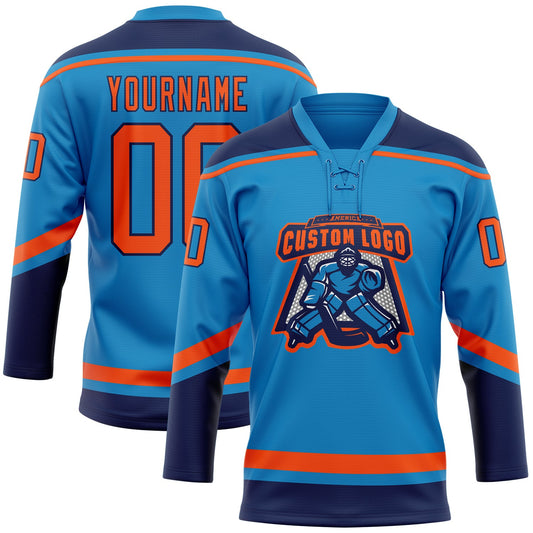 Custom Blue Orange-Navy Hockey Lace Neck Jersey - Sky-Custom