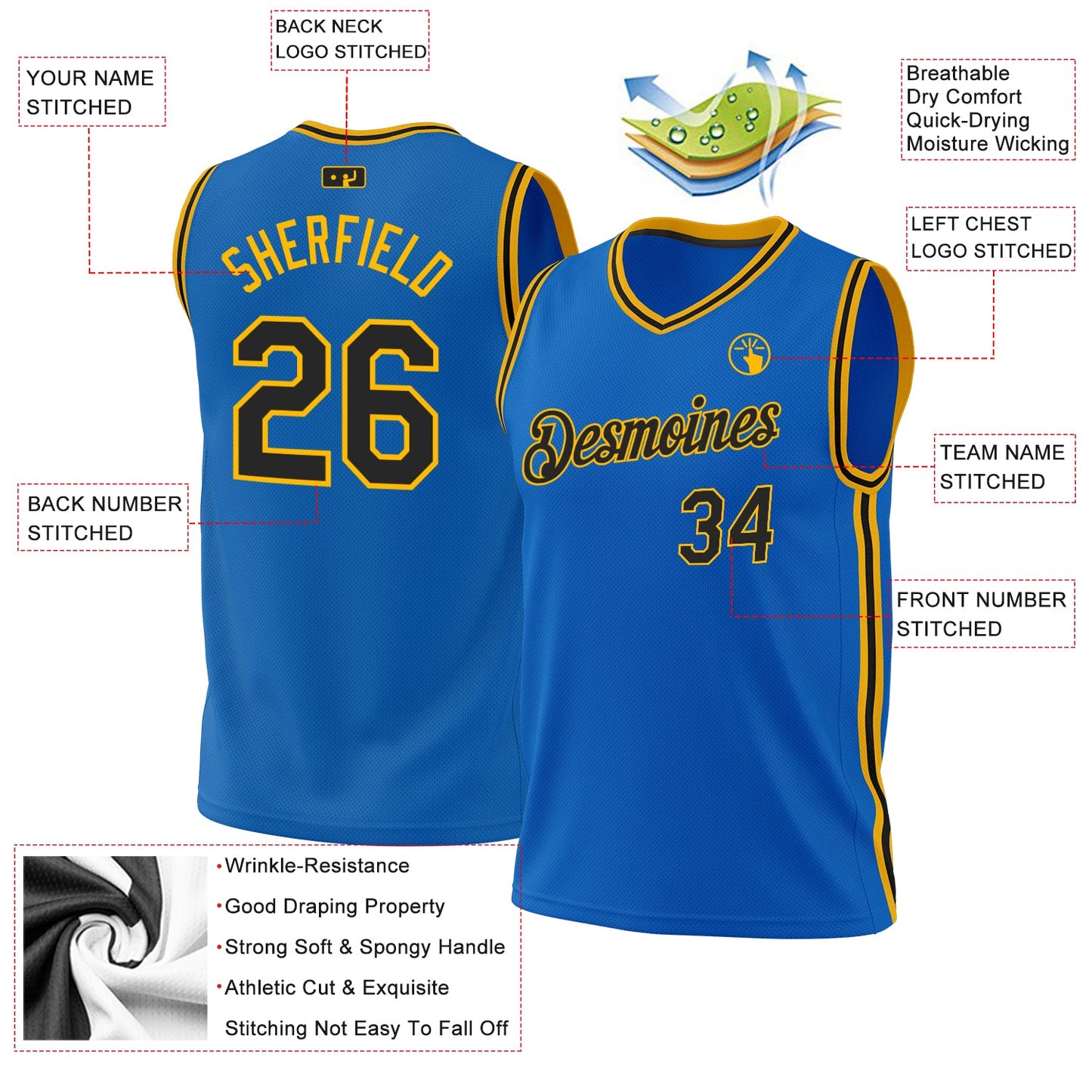 Custom Blue Black-Gold Authentic Throwback Basketball Jersey - Sky-Custom