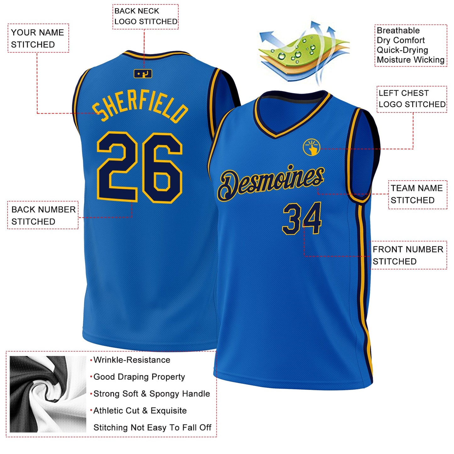 Custom Blue Navy-Gold Authentic Throwback Basketball Jersey - Sky-Custom