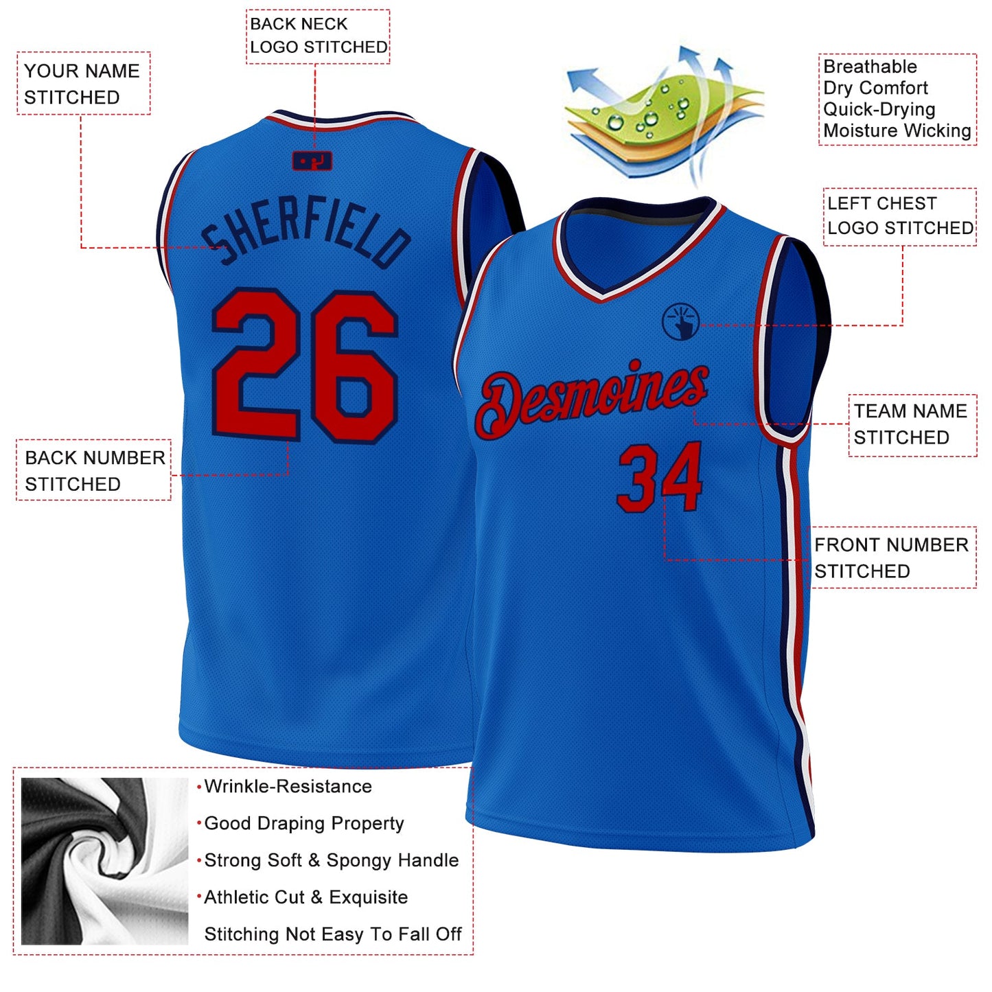 Custom Blue Red-Navy Authentic Throwback Basketball Jersey - Sky-Custom