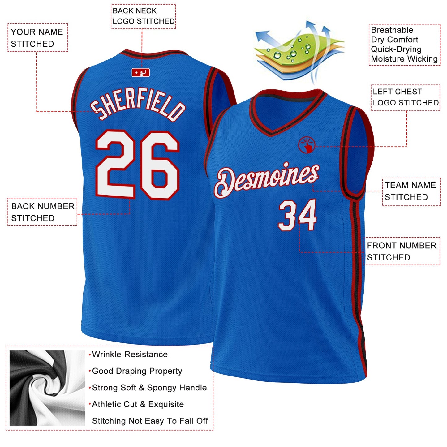 Custom Blue Red-Black Authentic Throwback Basketball Jersey - Sky-Custom