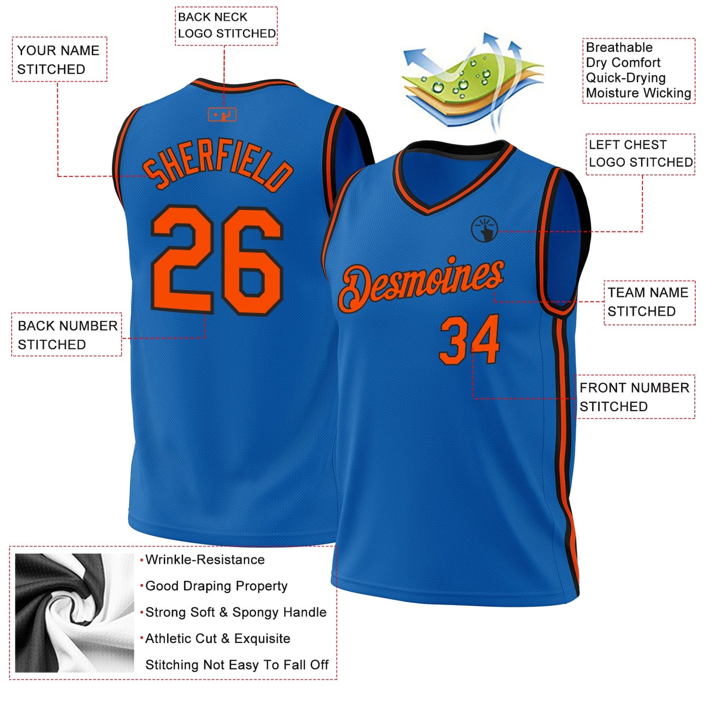 Custom Blue Orange-Black Authentic Throwback Basketball Jersey - Sky-Custom