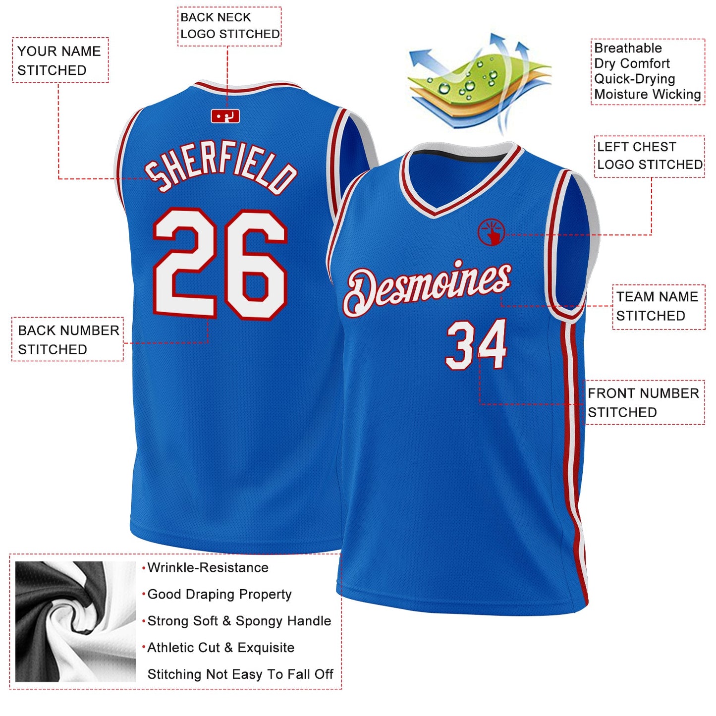 Custom Blue White-Red Authentic Throwback Basketball Jersey - Sky-Custom