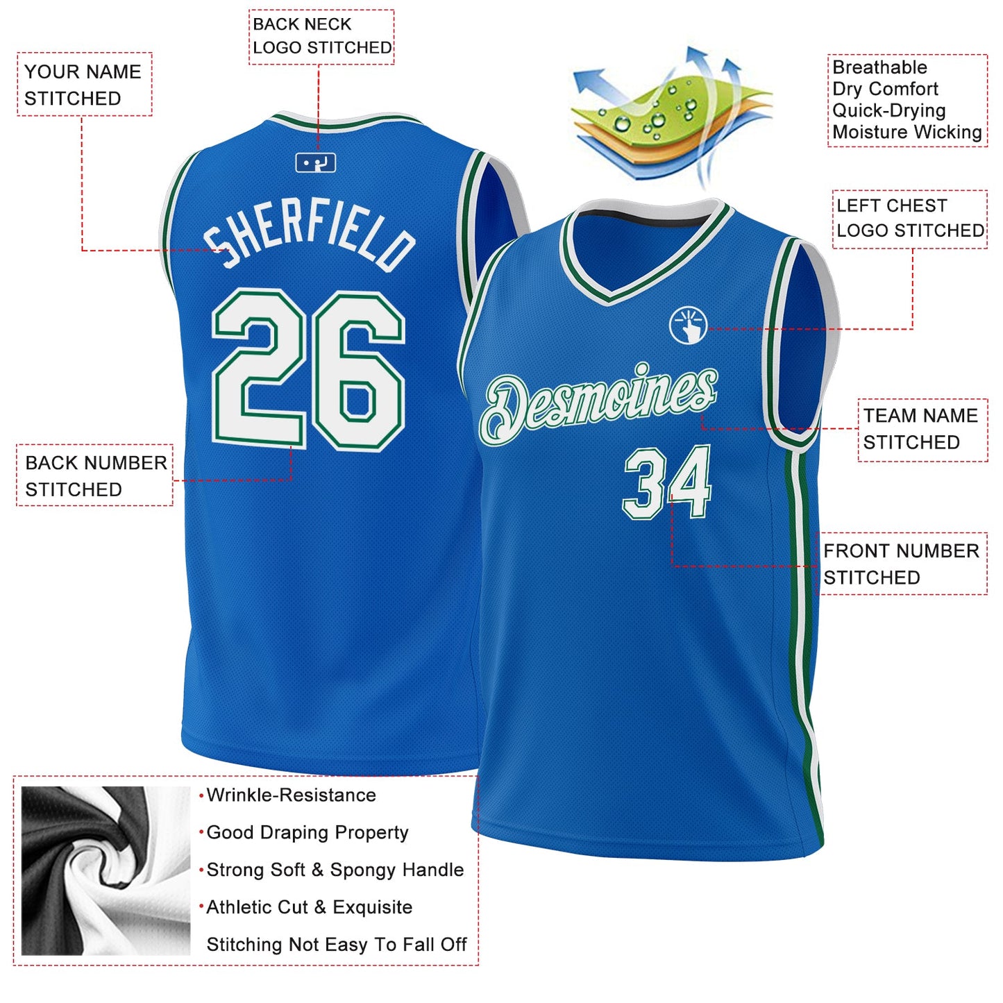 Custom Blue White-Kelly Green Authentic Throwback Basketball Jersey - Sky-Custom