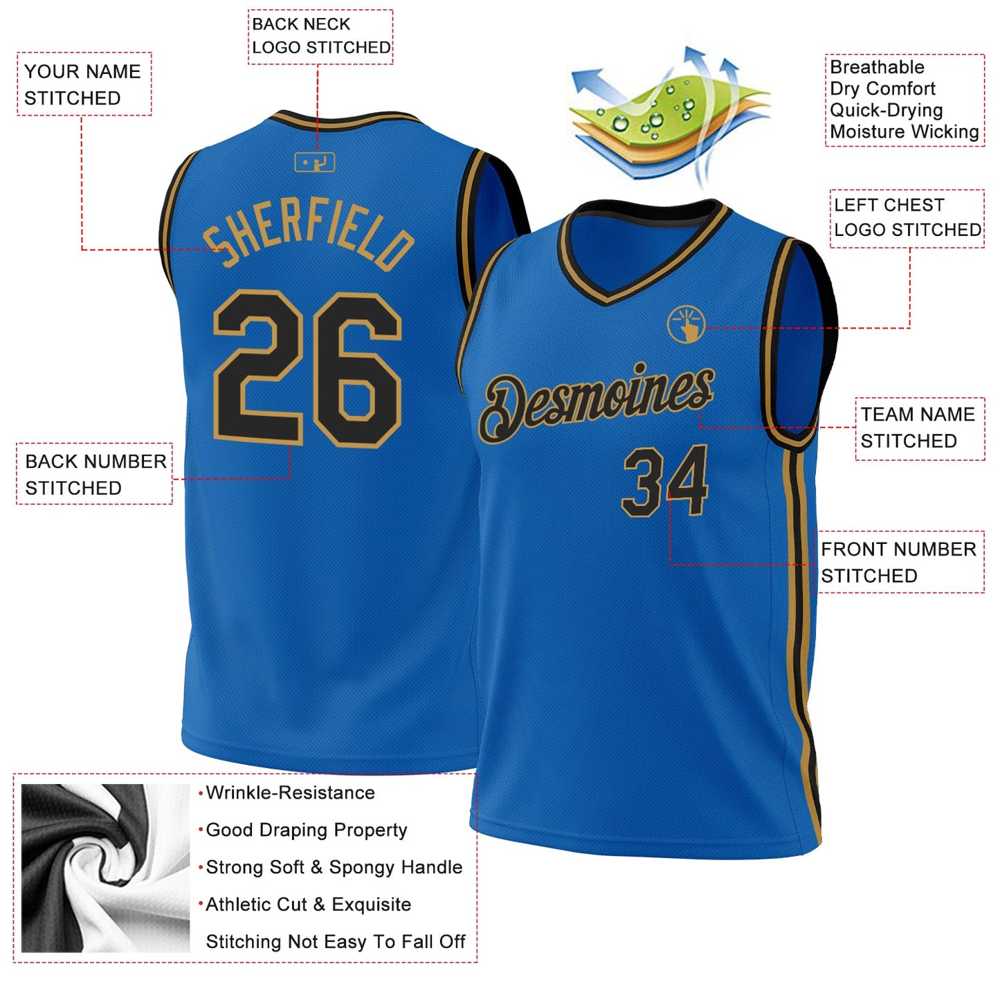 Custom Blue Black-Old Gold Authentic Throwback Basketball Jersey - Sky-Custom