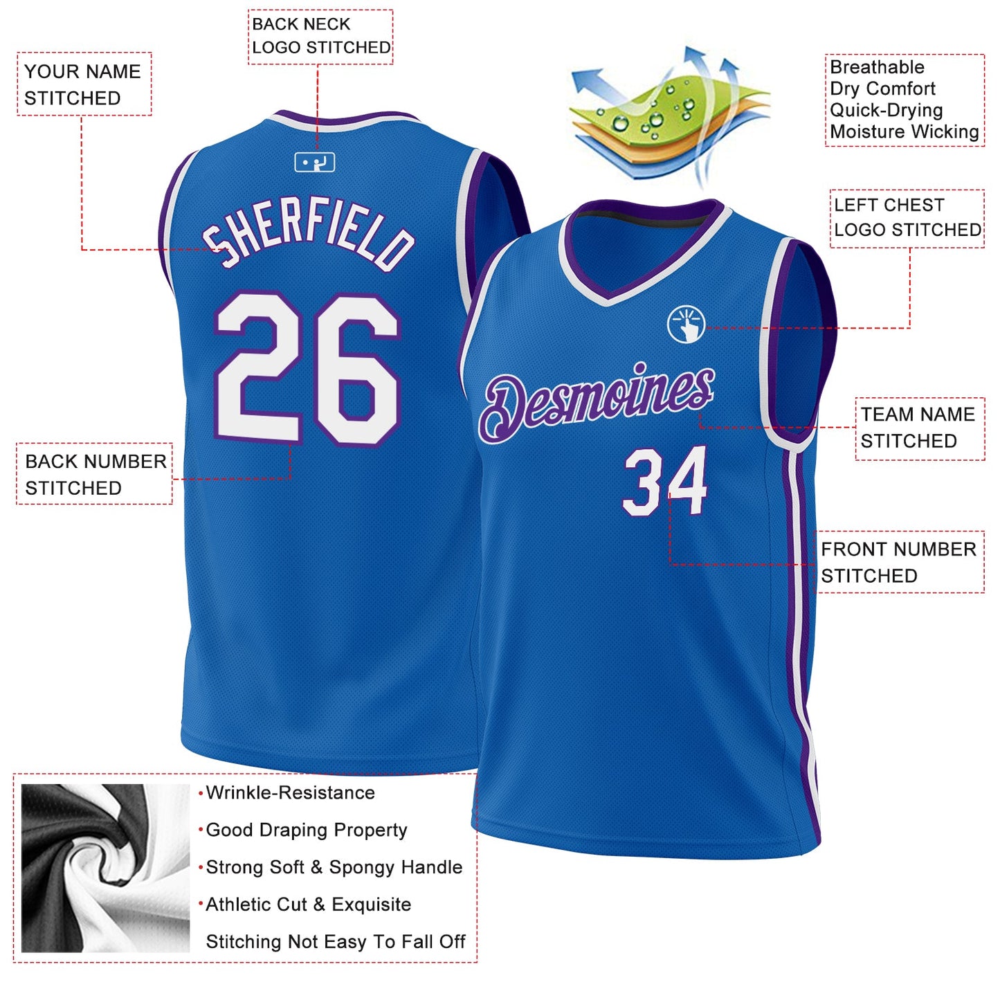 Custom Blue White-Purple Authentic Throwback Basketball Jersey - Sky-Custom