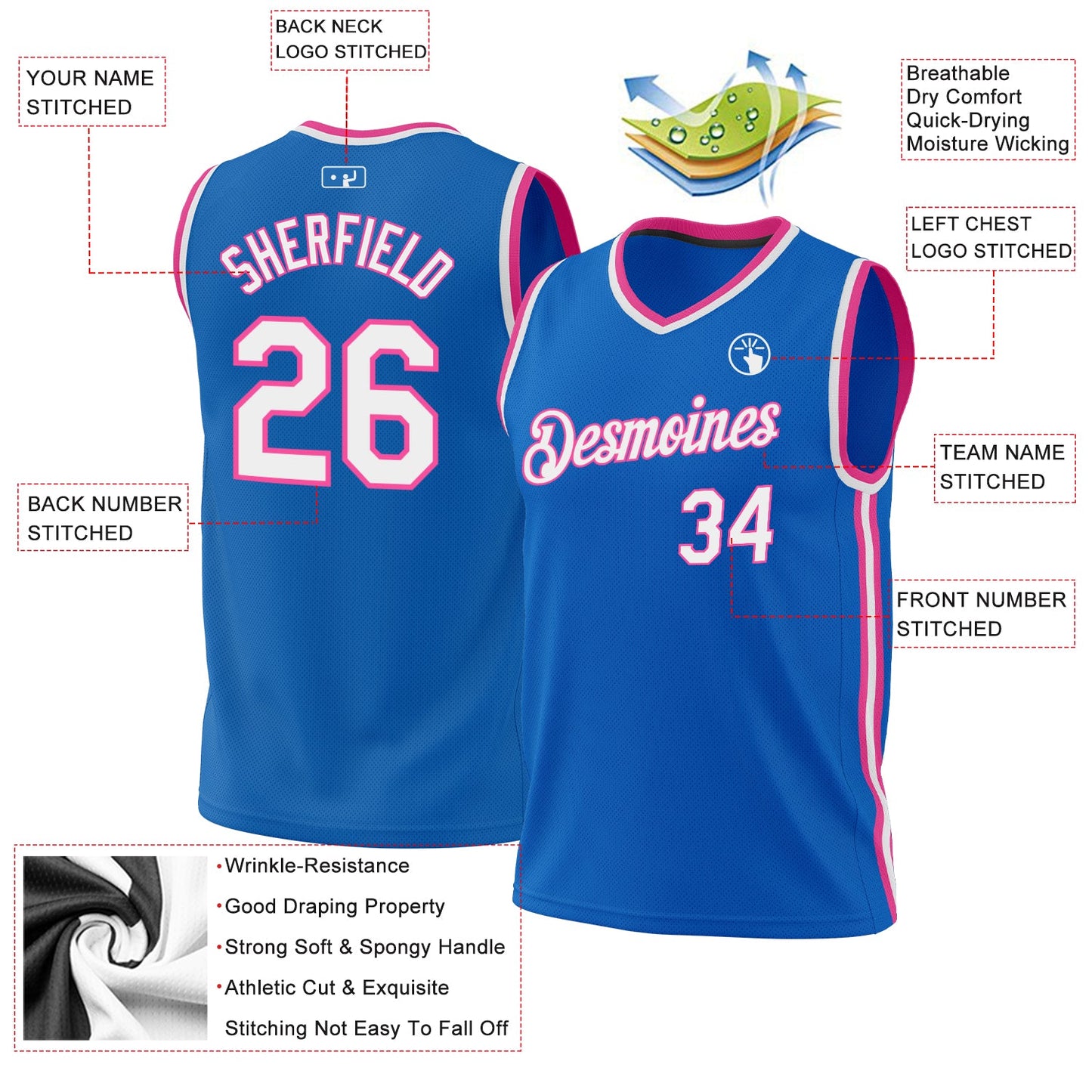 Custom Blue White-Pink Authentic Throwback Basketball Jersey - Sky-Custom