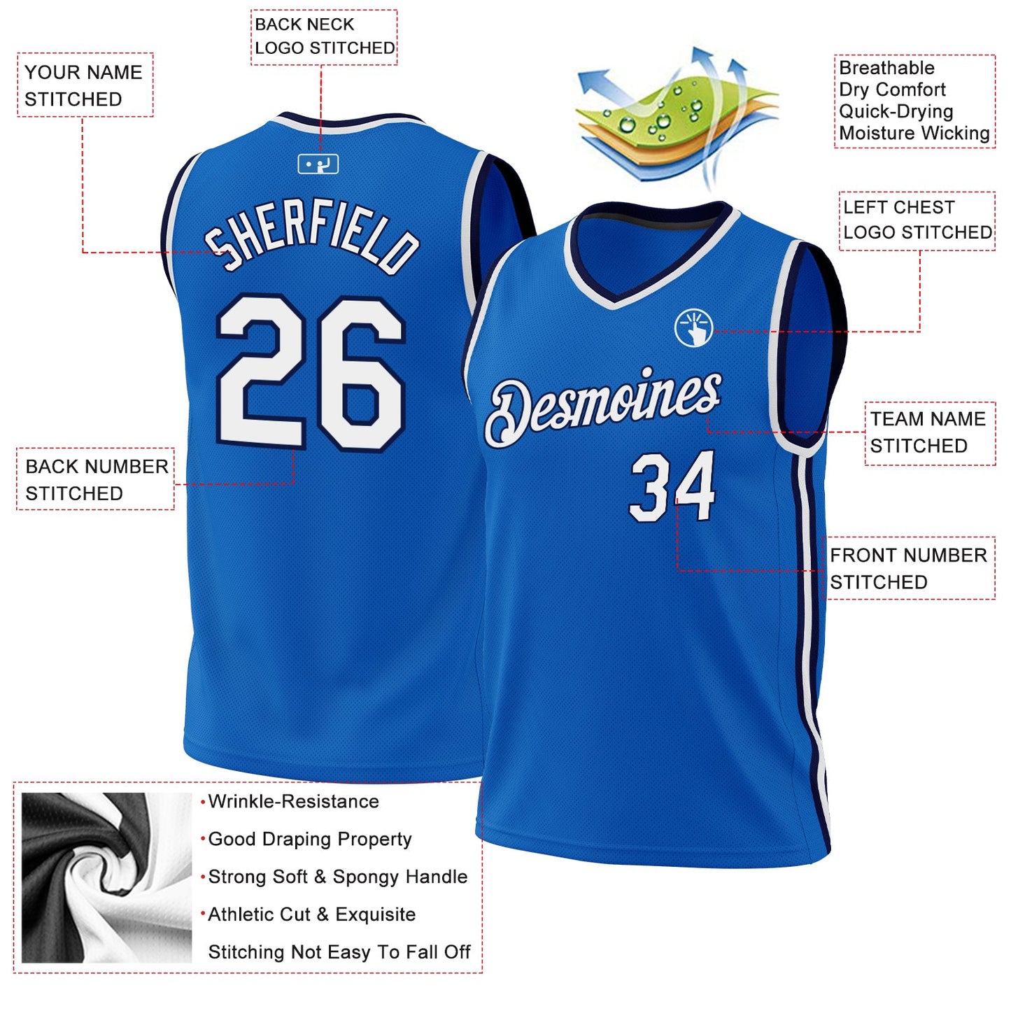 Custom Blue White-Navy Authentic Throwback Basketball Jersey - Sky-Custom
