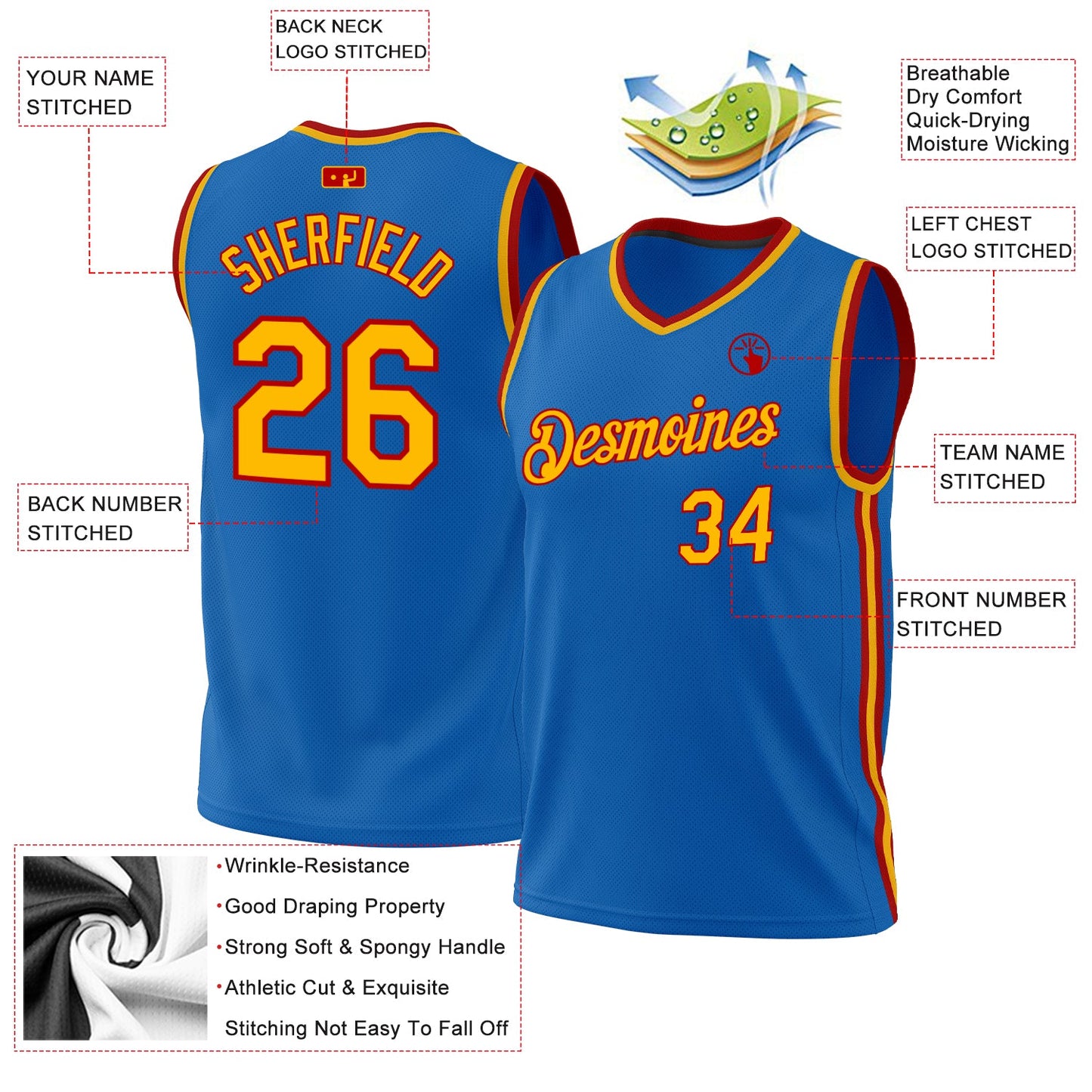Custom Blue Gold-Red Authentic Throwback Basketball Jersey - Sky-Custom