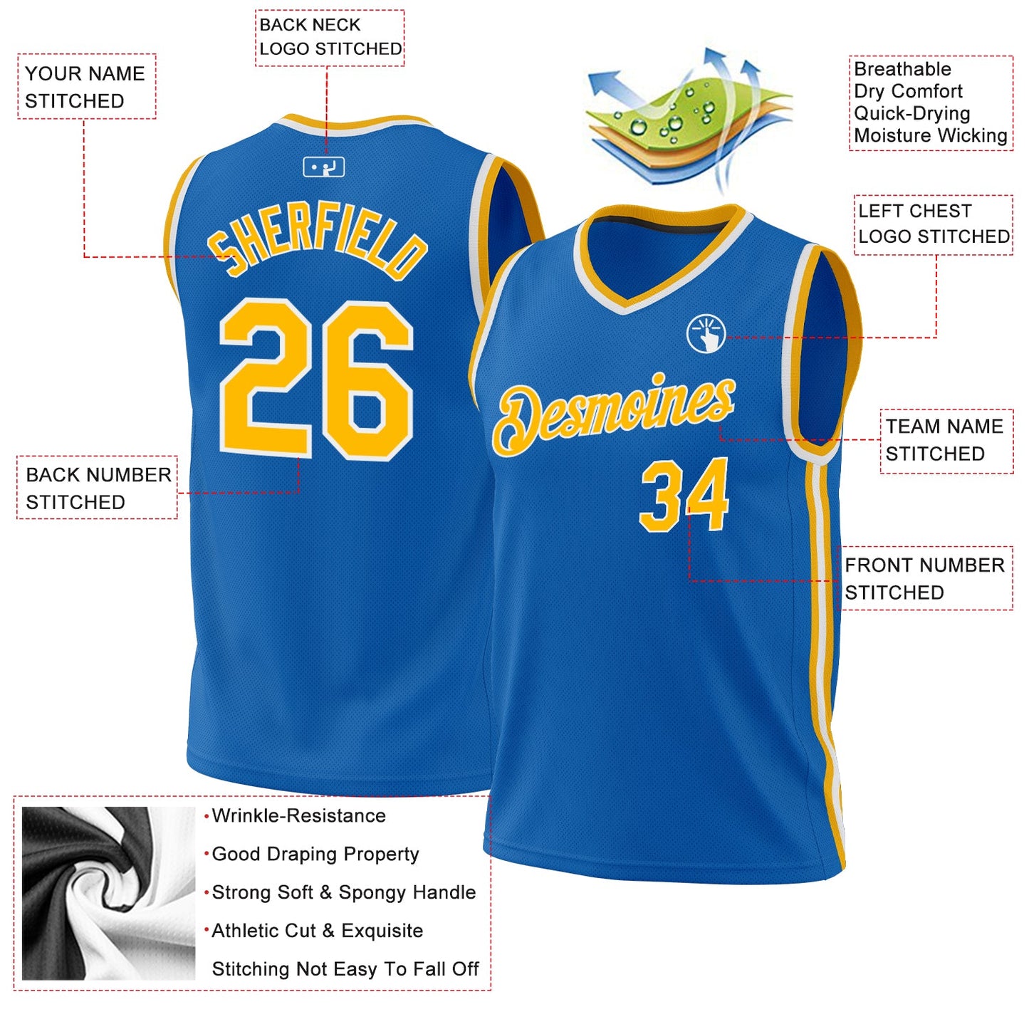 Custom Blue Gold-White Authentic Throwback Basketball Jersey - Sky-Custom