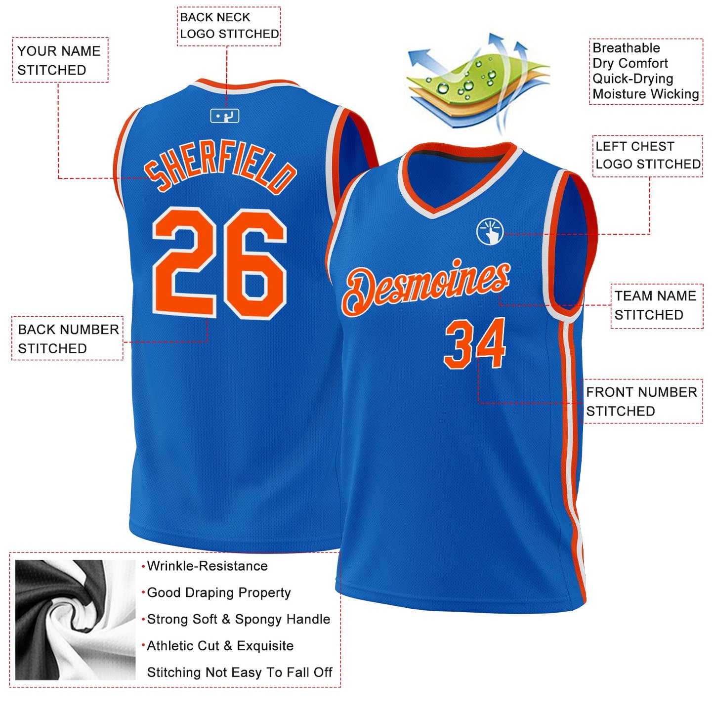 Custom Blue Orange-White Authentic Throwback Basketball Jersey - Sky-Custom