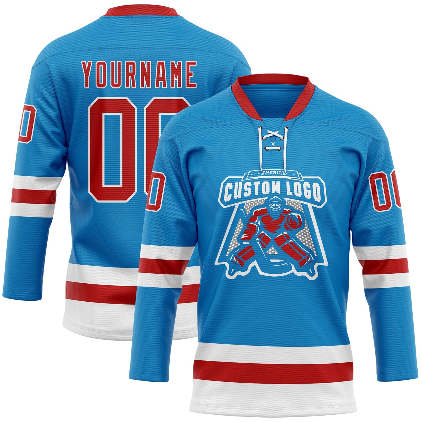 Custom Blue Red-White Hockey Lace Neck Jersey - Sky-Custom