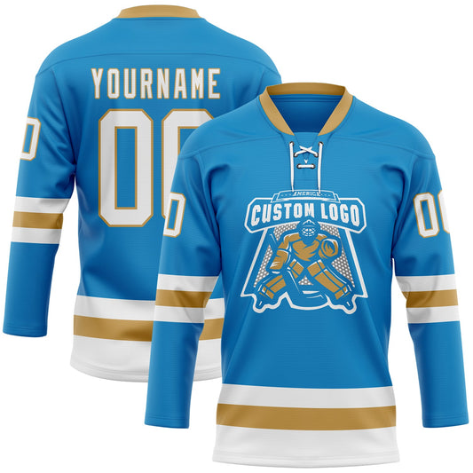 Custom Blue White-Old Gold Hockey Lace Neck Jersey - Sky-Custom