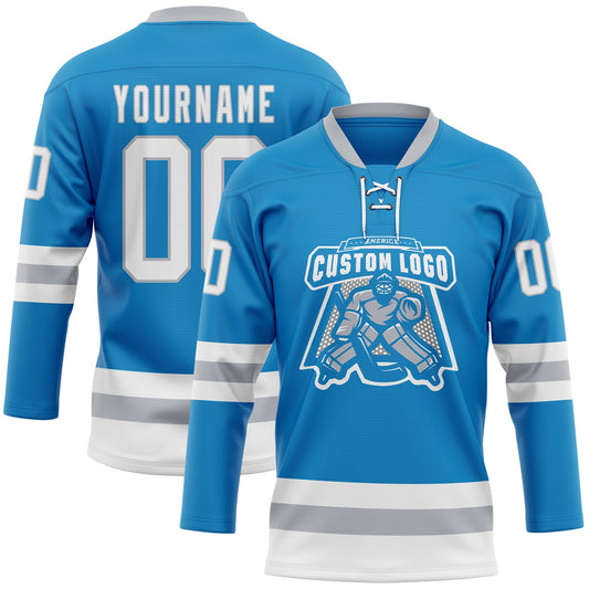 Custom Blue White-Gray Hockey Lace Neck Jersey - Sky-Custom