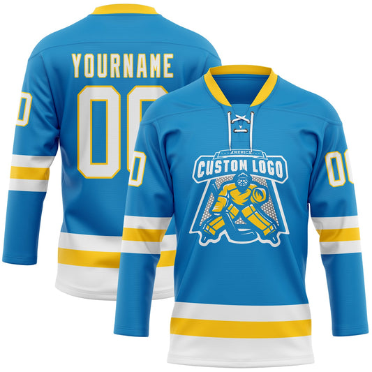 Custom Blue White-Yellow Hockey Lace Neck Jersey - Sky-Custom