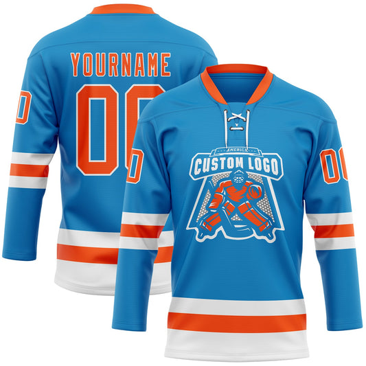 Custom Blue Orange-White Hockey Lace Neck Jersey - Sky-Custom