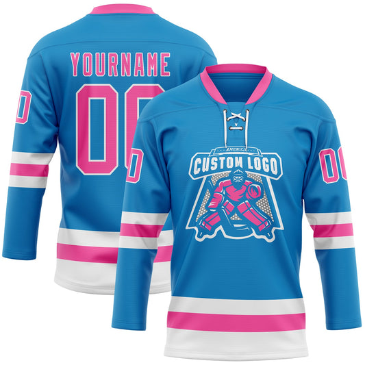 Custom Blue Pink-White Hockey Lace Neck Jersey - Sky-Custom