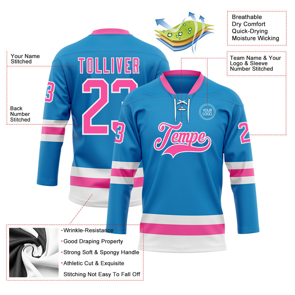 Custom Blue Pink-White Hockey Lace Neck Jersey - Sky-Custom