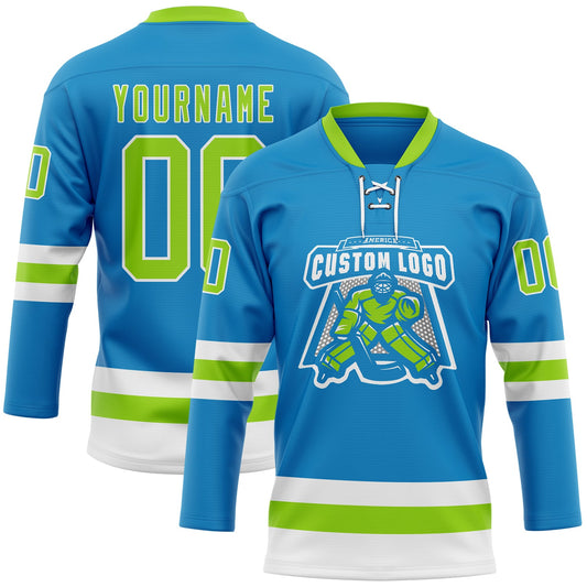 Custom Blue Neon Green-White Hockey Lace Neck Jersey - Sky-Custom