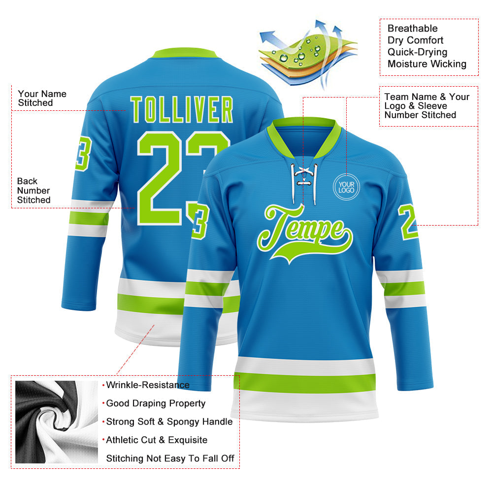 Custom Blue Neon Green-White Hockey Lace Neck Jersey - Sky-Custom