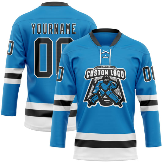 Custom Blue Black-White Hockey Lace Neck Jersey - Sky-Custom