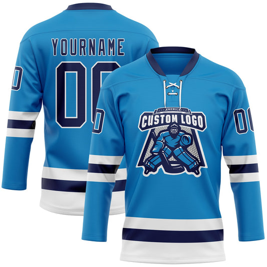 Custom Blue Navy-White Hockey Lace Neck Jersey - Sky-Custom